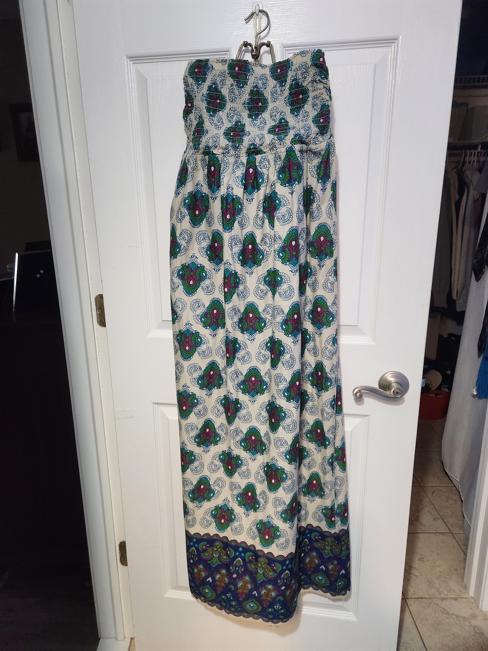 Old Navy Strapless Maxi Dress in Cream with Blue and Green Print